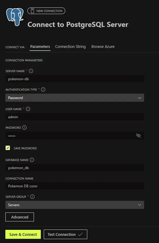 Testing and saving the connection to the database